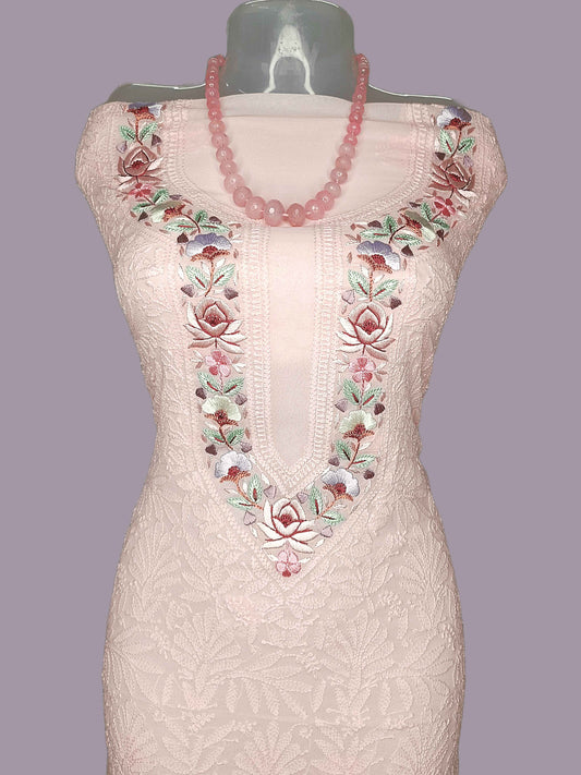 Georgette Chikankari And Prasi Work Women's Unstitched Kurta-Dupatta - Light Peach