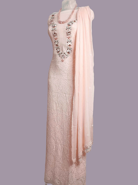 Georgette Chikankari And Prasi Work Women's Unstitched Kurta-Dupatta - Light Peach