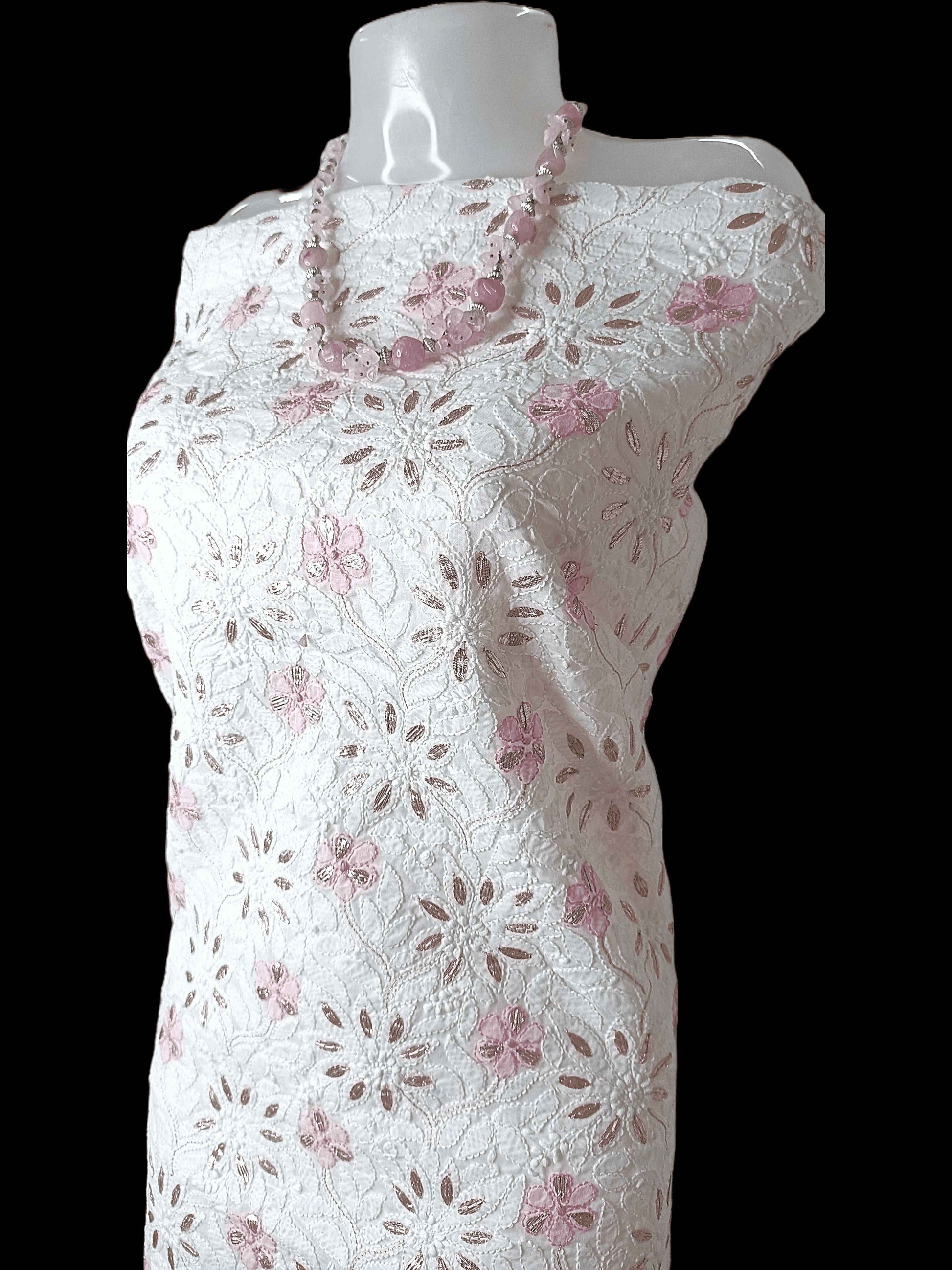 Cotton Chikankari Zardozi And Gota Patti Women's Unstitched Kurta - Cream