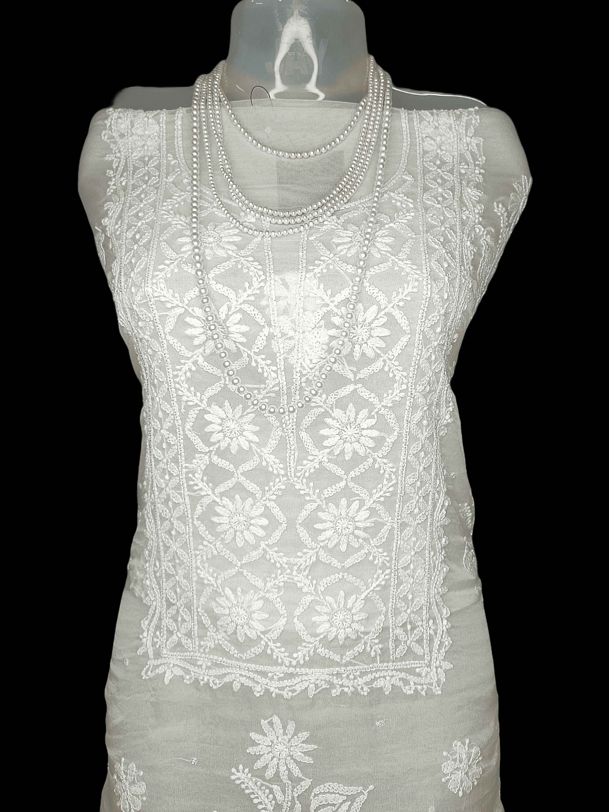 Semi Organza Chikankari And Zardozi Women's Unstitched Kurta Dupatta - White