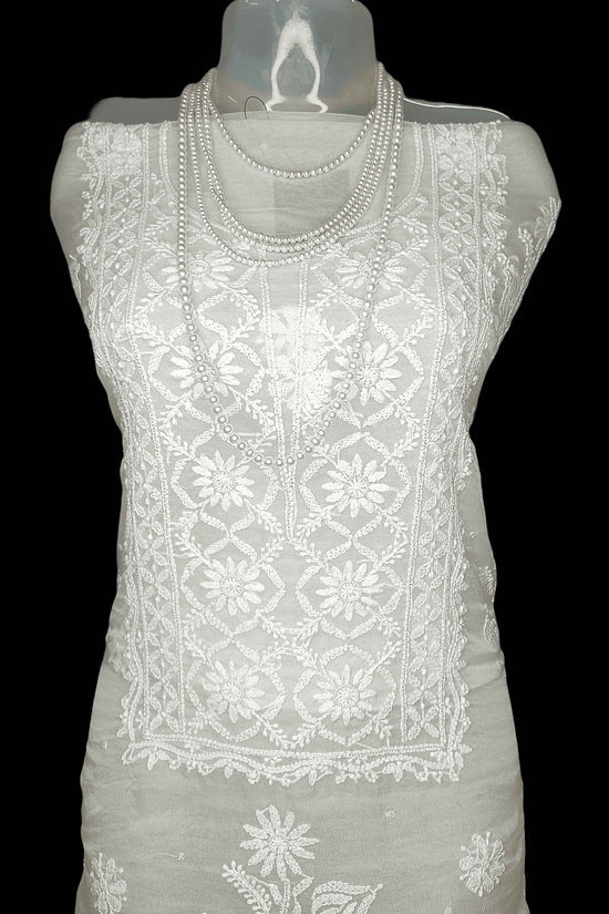 Semi Organza Chikankari And Zardozi Women's Unstitched Kurta Dupatta - White