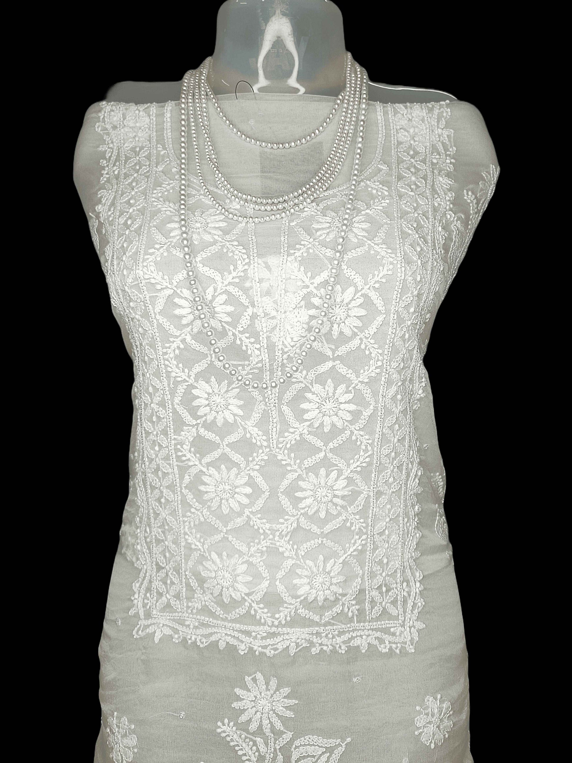 Semi Organza Chikankari And Zardozi Women's Unstitched Kurta Dupatta - White