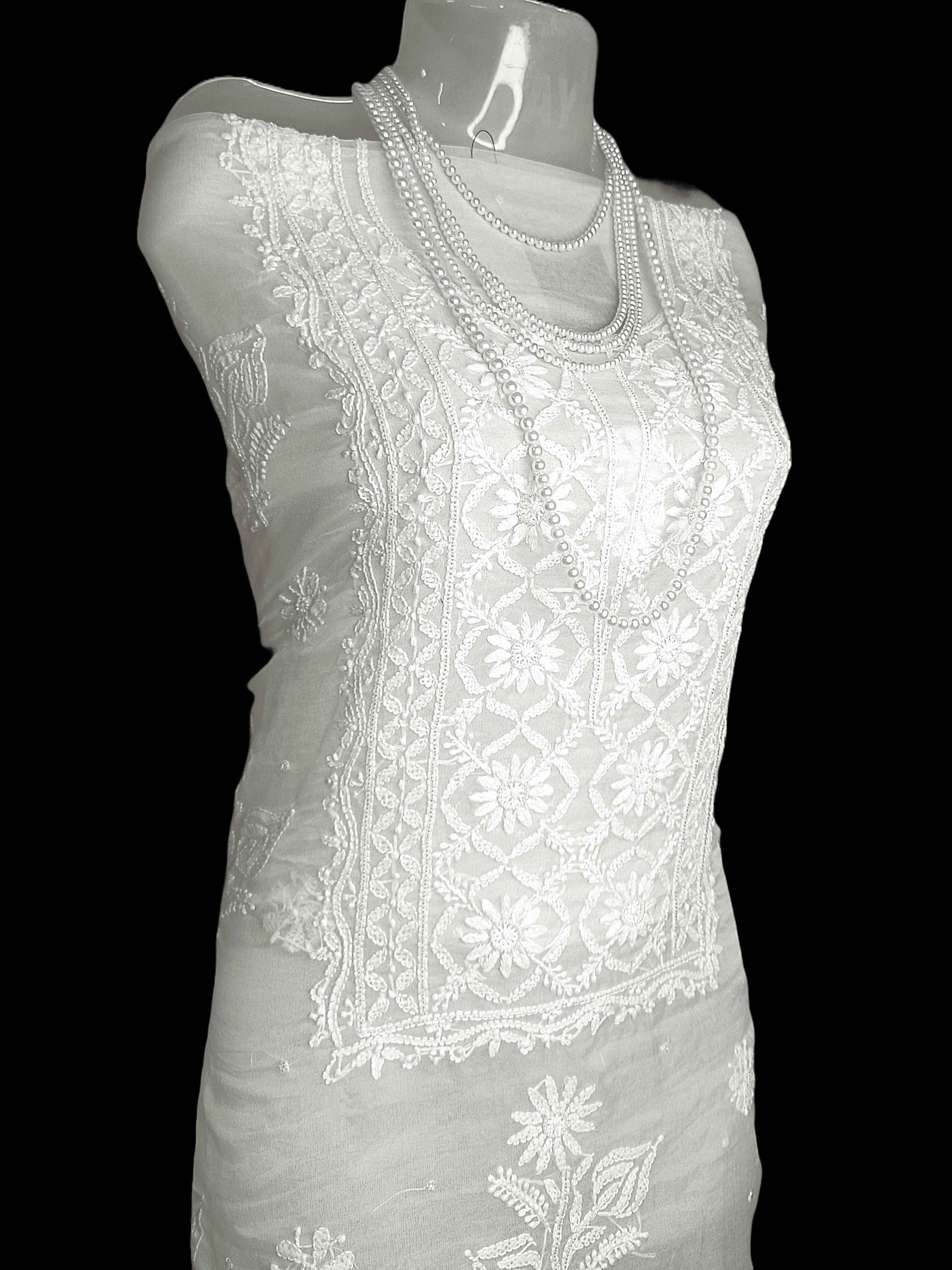 Semi Organza Chikankari And Zardozi Women's Unstitched Kurta Dupatta - White