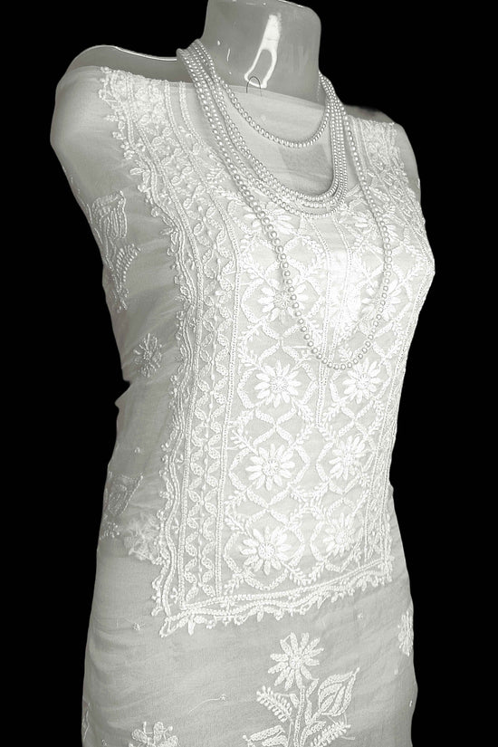 Semi Organza Chikankari And Zardozi Women's Unstitched Kurta Dupatta - White