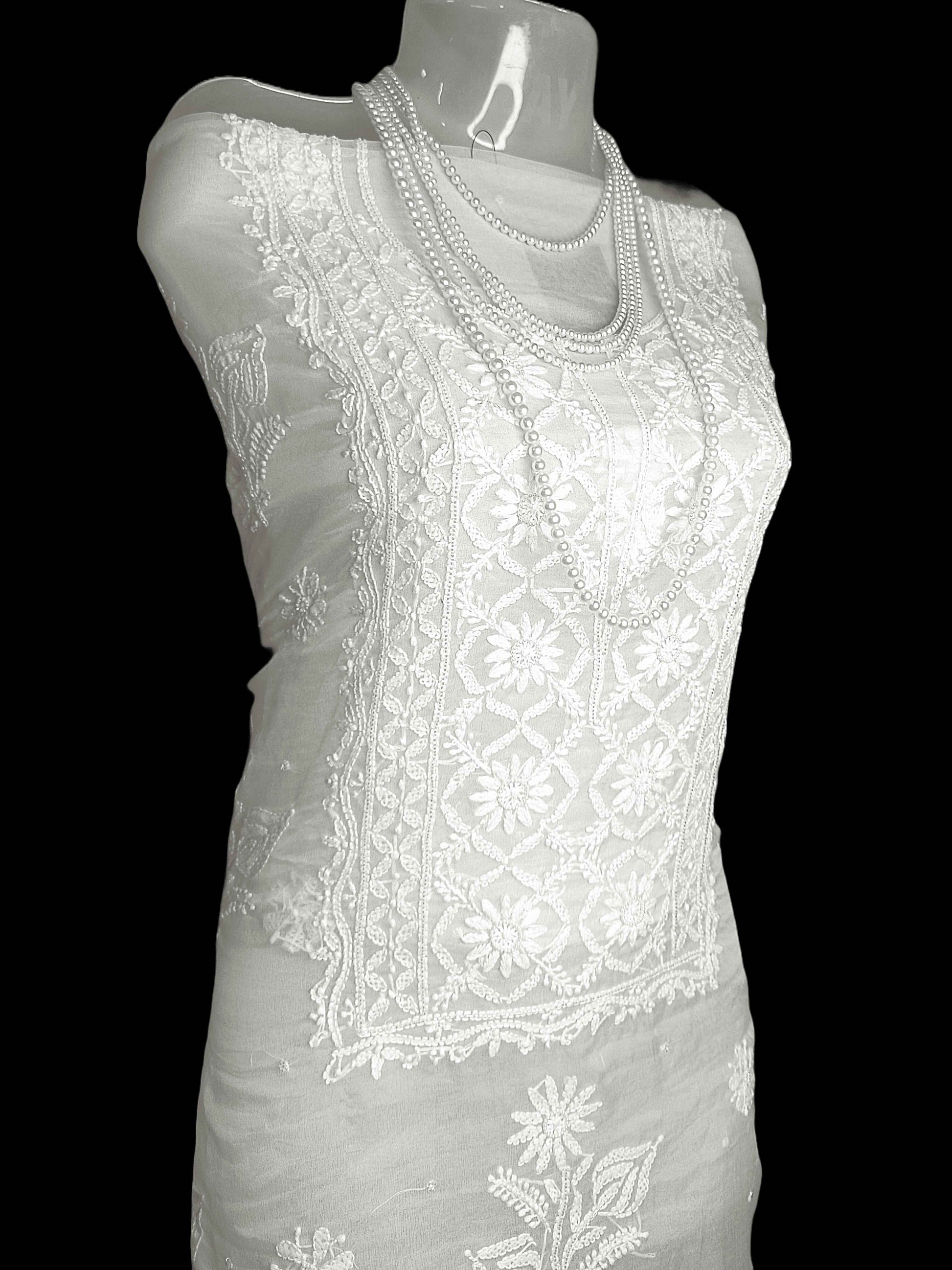 Semi Organza Chikankari And Zardozi Women's Unstitched Kurta Dupatta - White