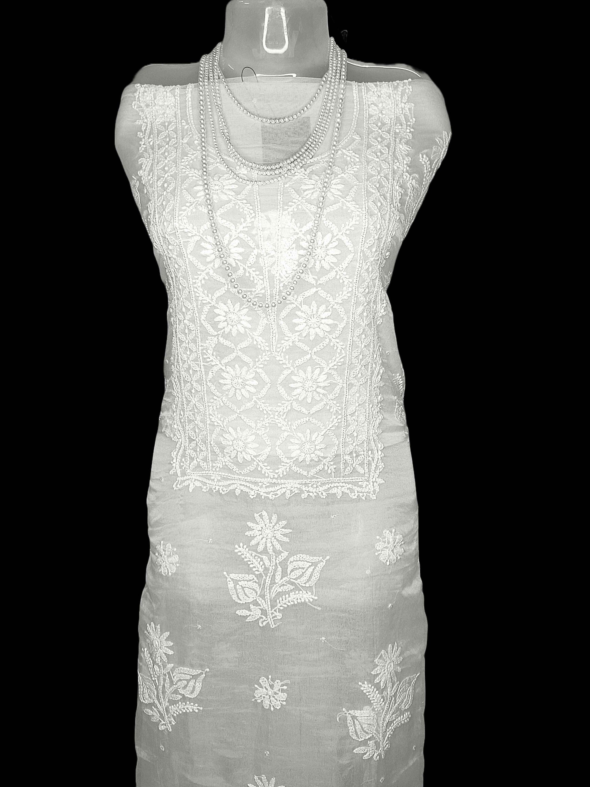 Semi Organza Chikankari And Zardozi Women's Unstitched Kurta Dupatta - White