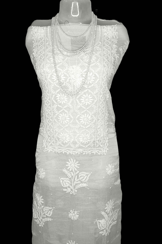 Semi Organza Chikankari And Zardozi Women's Unstitched Kurta Dupatta - White