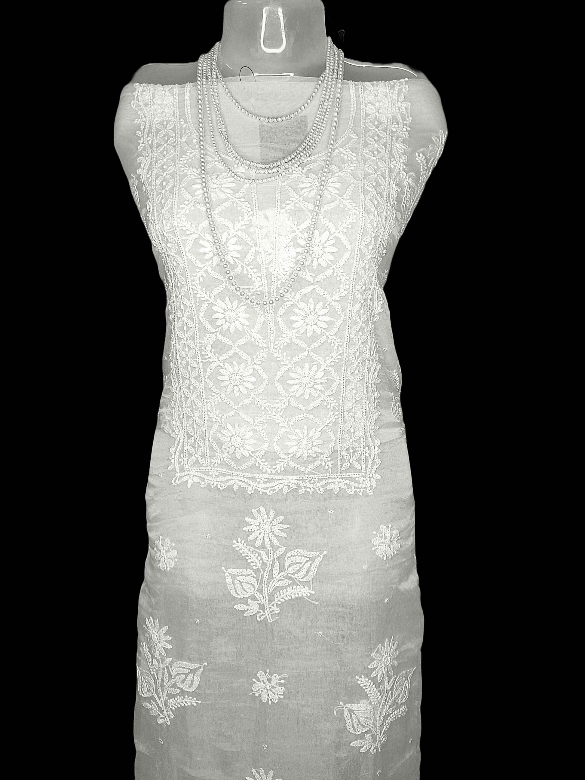 Semi Organza Chikankari And Zardozi Women's Unstitched Kurta Dupatta - White