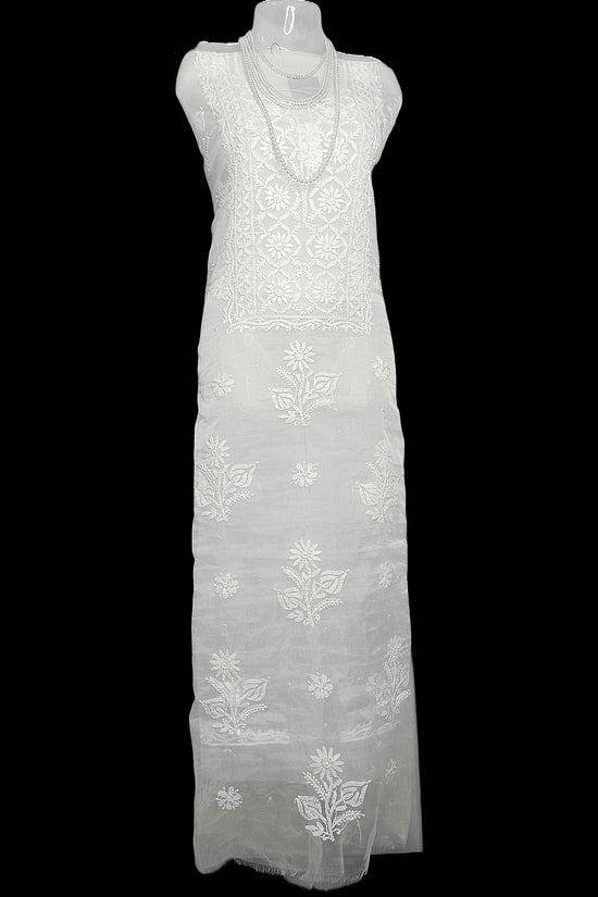 Semi Organza Chikankari And Zardozi Women's Unstitched Kurta Dupatta - White