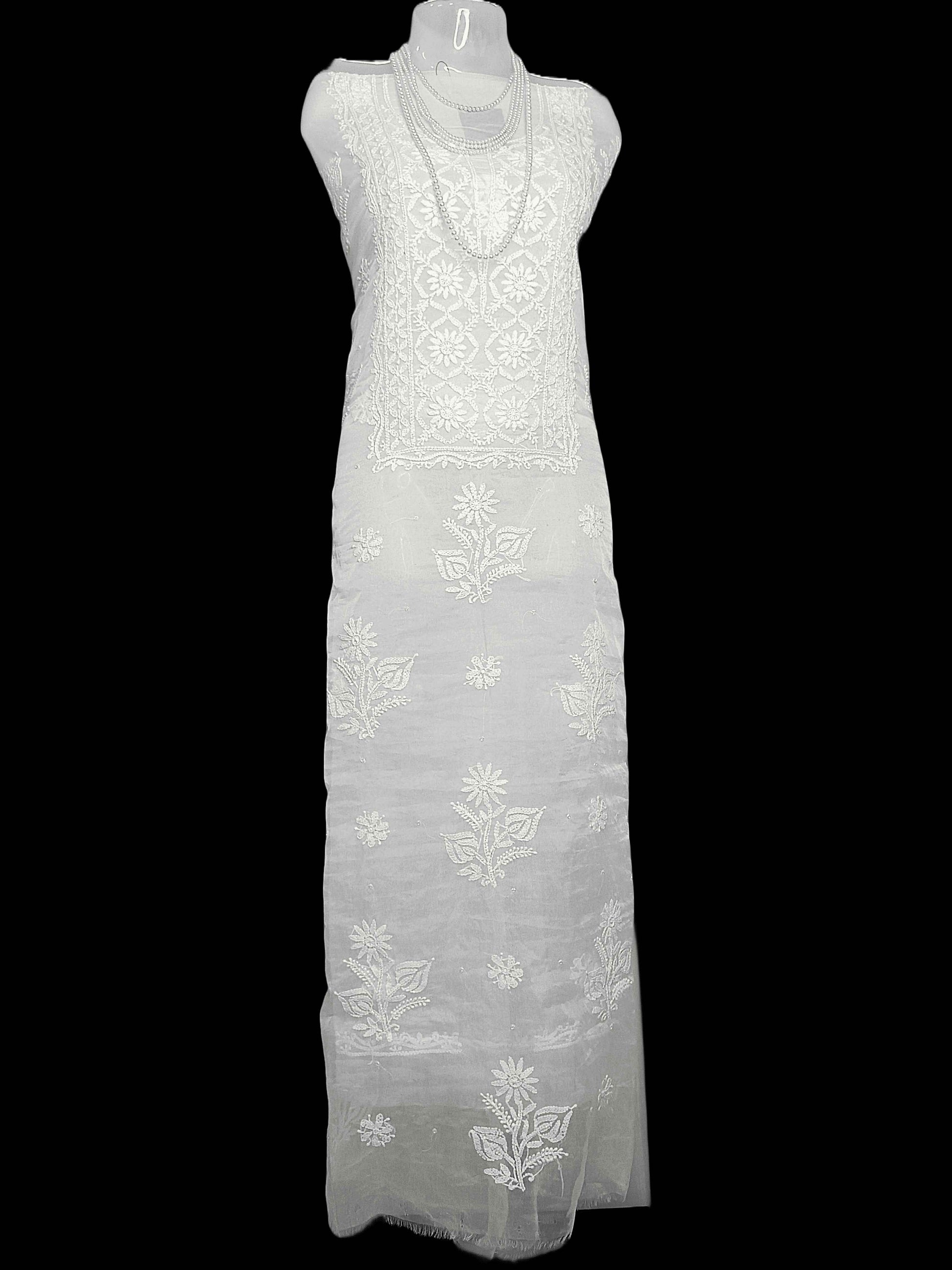 Semi Organza Chikankari And Zardozi Women's Unstitched Kurta Dupatta - White