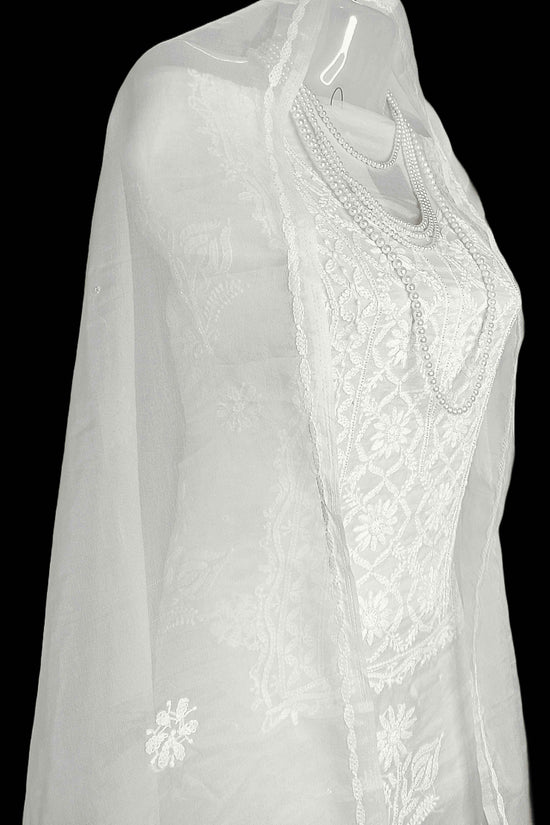 Semi Organza Chikankari And Zardozi Women's Unstitched Kurta Dupatta - White