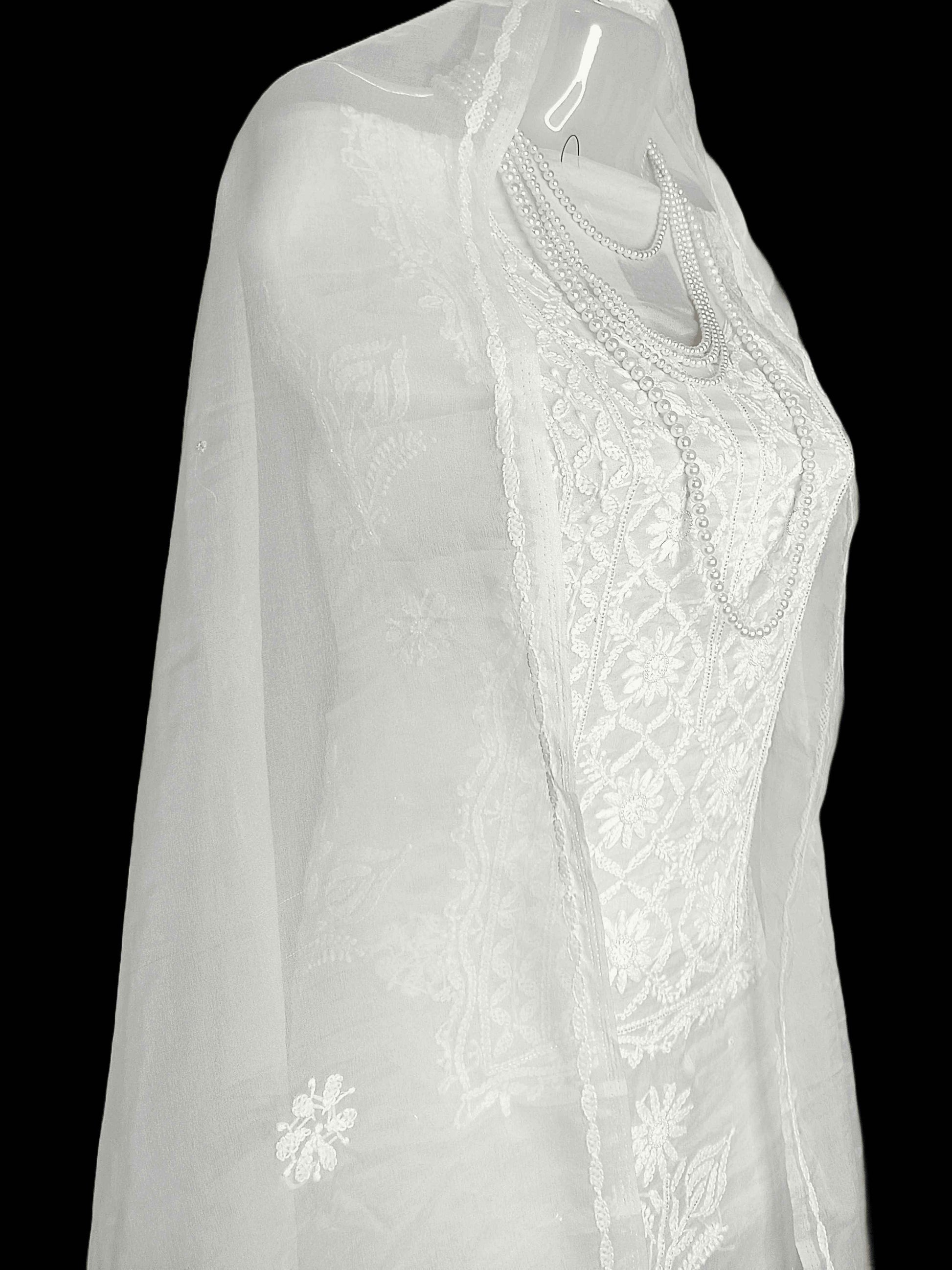 Semi Organza Chikankari And Zardozi Women's Unstitched Kurta Dupatta - White