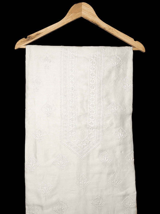 Mul Chanderi Chikankari Men's Unstitched Kurta - Off-White