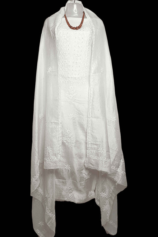 Kota Silk Chikankari And Zardozi Women's Unstitched Kurta Dupatta - Beige