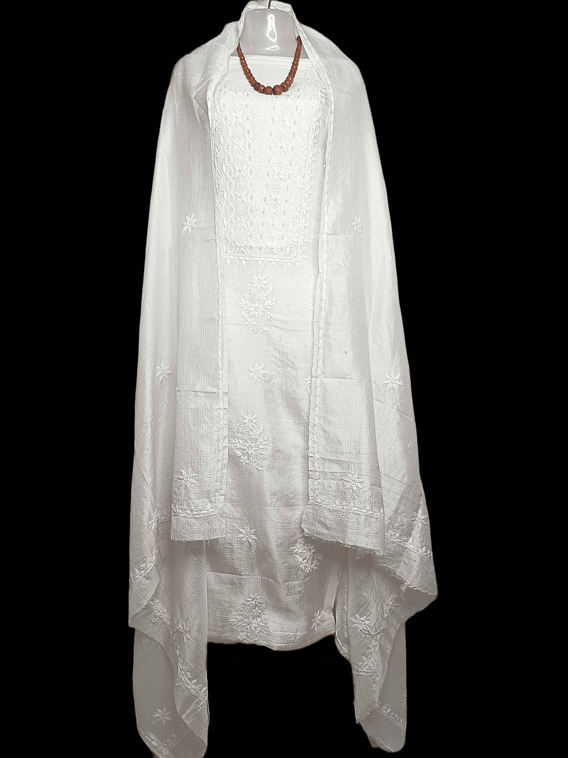 Kota Silk Chikankari And Zardozi Women's Unstitched Kurta Dupatta - Beige