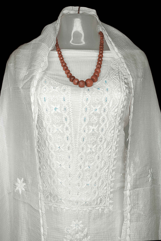 Kota Silk Chikankari And Zardozi Women's Unstitched Kurta Dupatta - Beige
