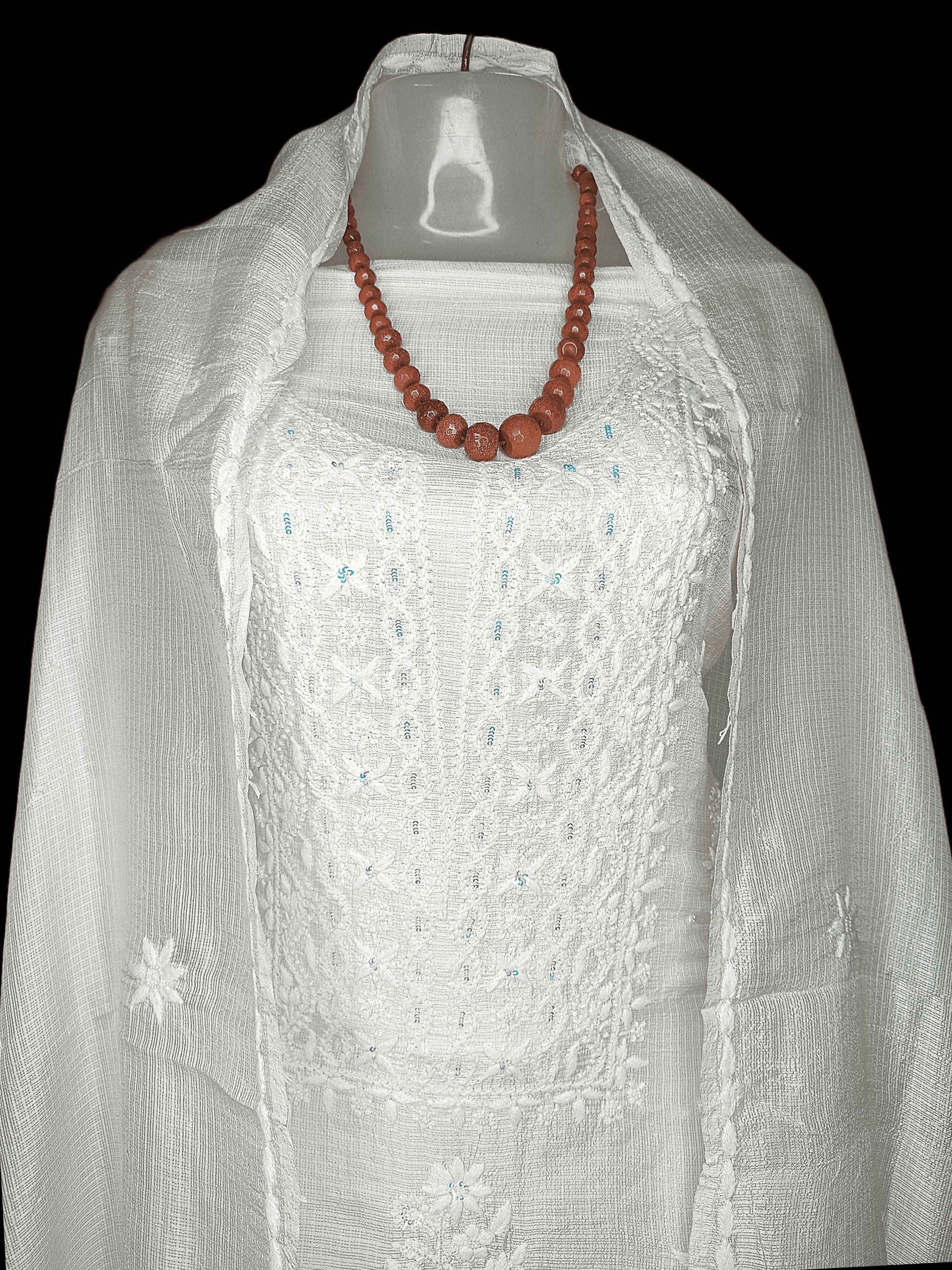 Kota Silk Chikankari And Zardozi Women's Unstitched Kurta Dupatta - Beige