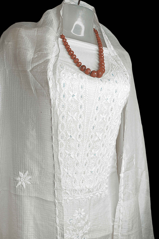 Kota Silk Chikankari And Zardozi Women's Unstitched Kurta Dupatta - Beige