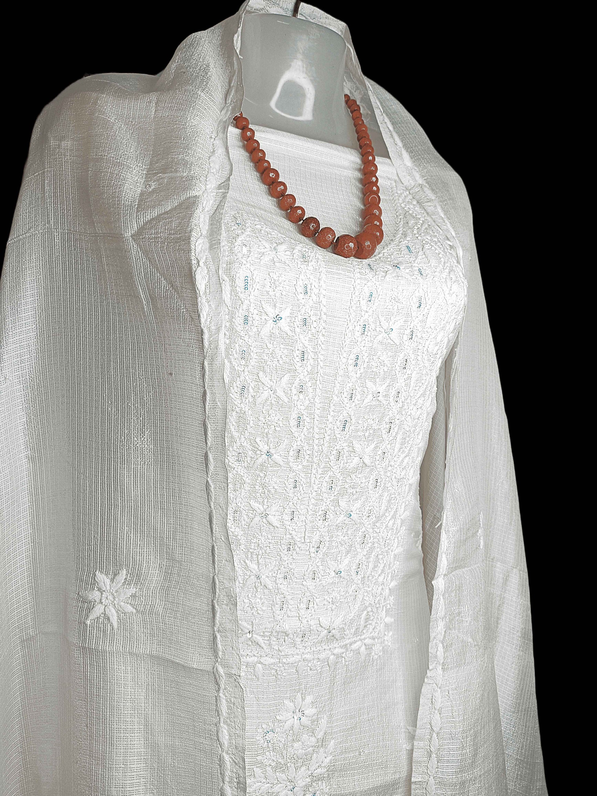 Kota Silk Chikankari And Zardozi Women's Unstitched Kurta Dupatta - Beige