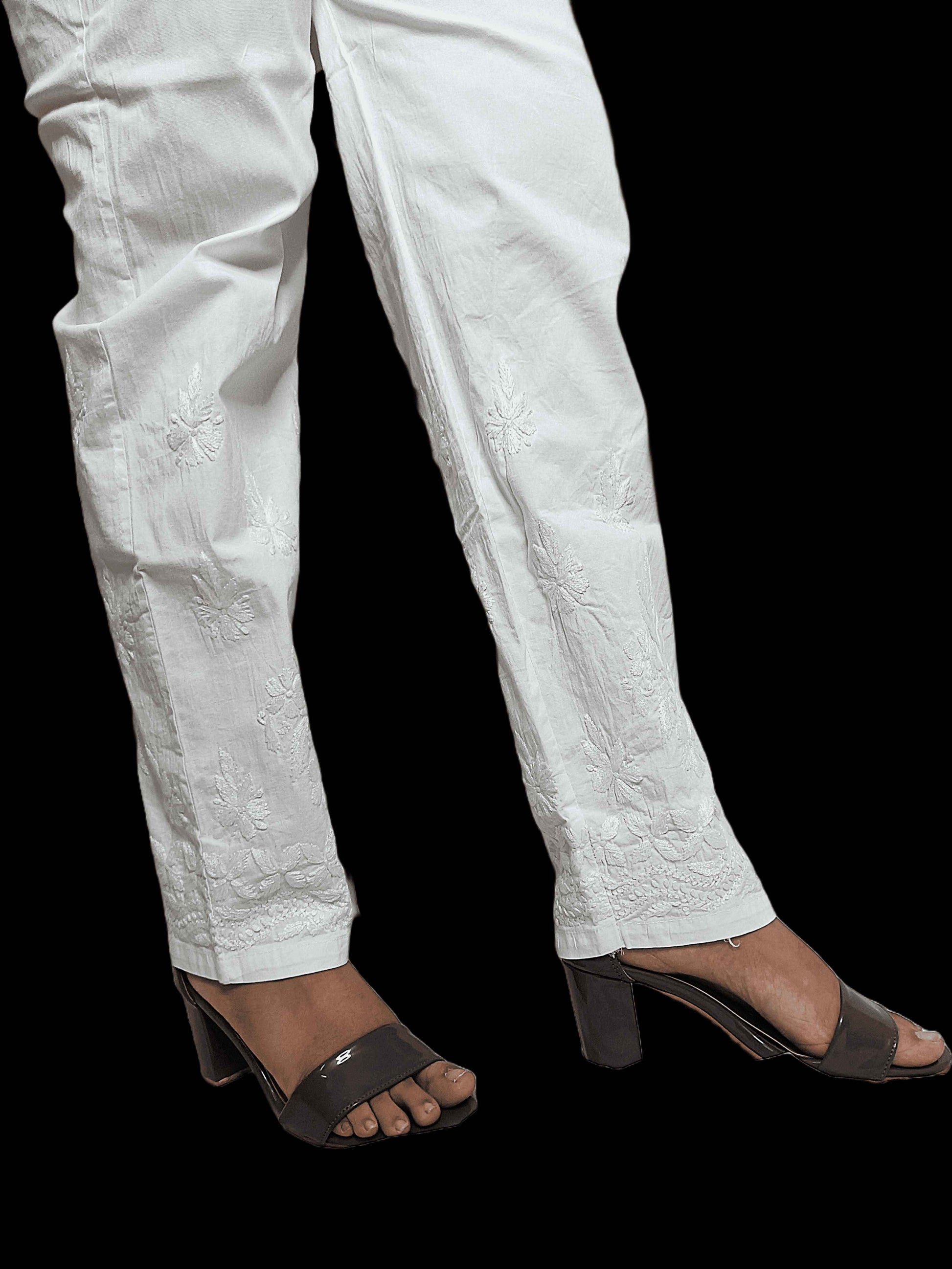 Stretchable Cotton Chikankari Bottoms - White