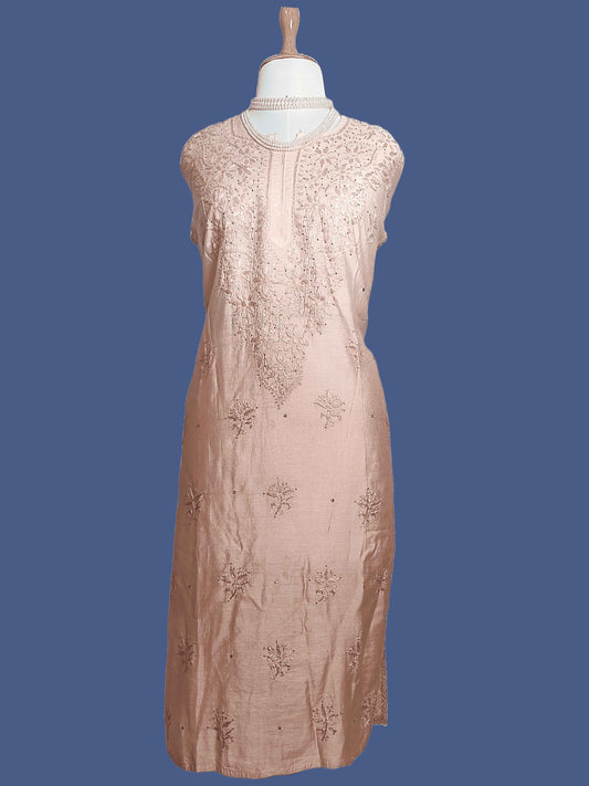 Semi-Chanderi Chikankari Women's Stitched Kurta With Mukesh Work- Orange Ombre
