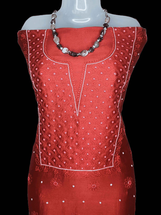 Mal Chanderi Chikankari And Zardozi Women’s Unstitched Kurta Dupatta - Red