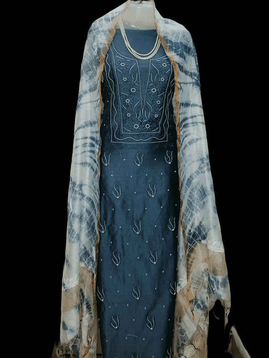 Mal Chanderi Chikankari And Zardozi Women’s Unstitched Kurta Dupatta - Bluish Grey