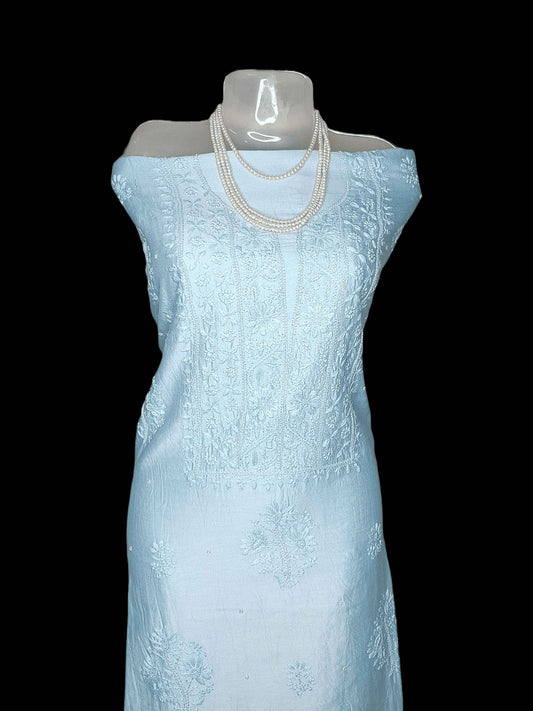 Silky Mal Chanderi Chikankari And Zardozi Women’s Unstitched Kurta Dupatta - Light Blue