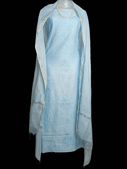 सिल्की मल चंदेरी चिकनकारी और जरदोज़ी महिलाओं के लिए अनस्टिच्ड कुर्ता दुपट्टा - हल्का नीला