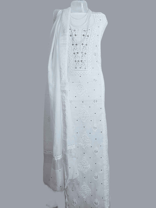 Unstitched Mal Chanderi Women's Chikankari Kurta Dupatta with Mukesh Work With Golden Weaved Border  - Cream