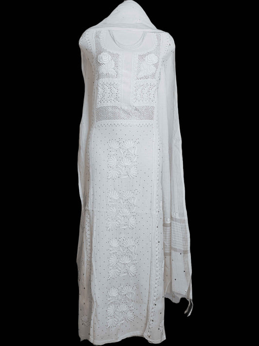 Pure Mal Chanderi Chikankari Women’s Unstitched Kurta Dupatta with Heavy Mukesh Work - Beige