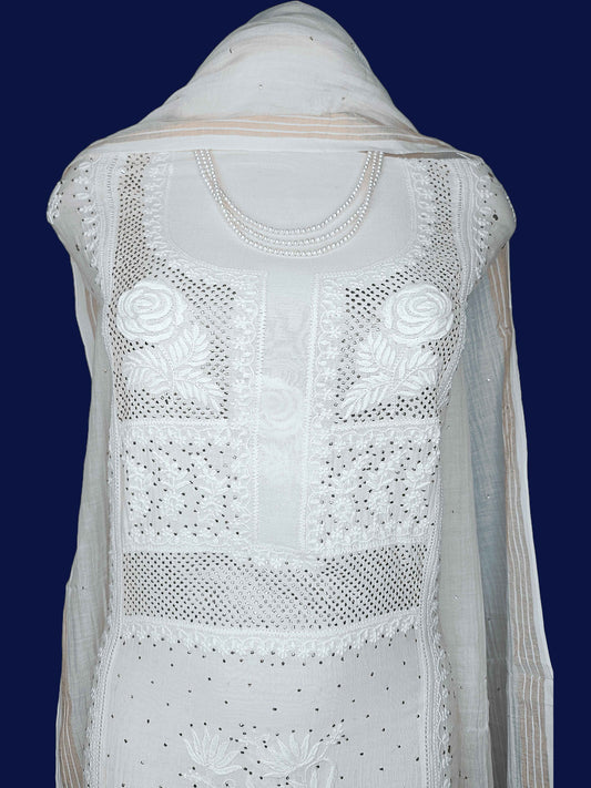 Pure Mal Chanderi Chikankari Women’s Unstitched Kurta Dupatta with Heavy Mukesh Work - Beige