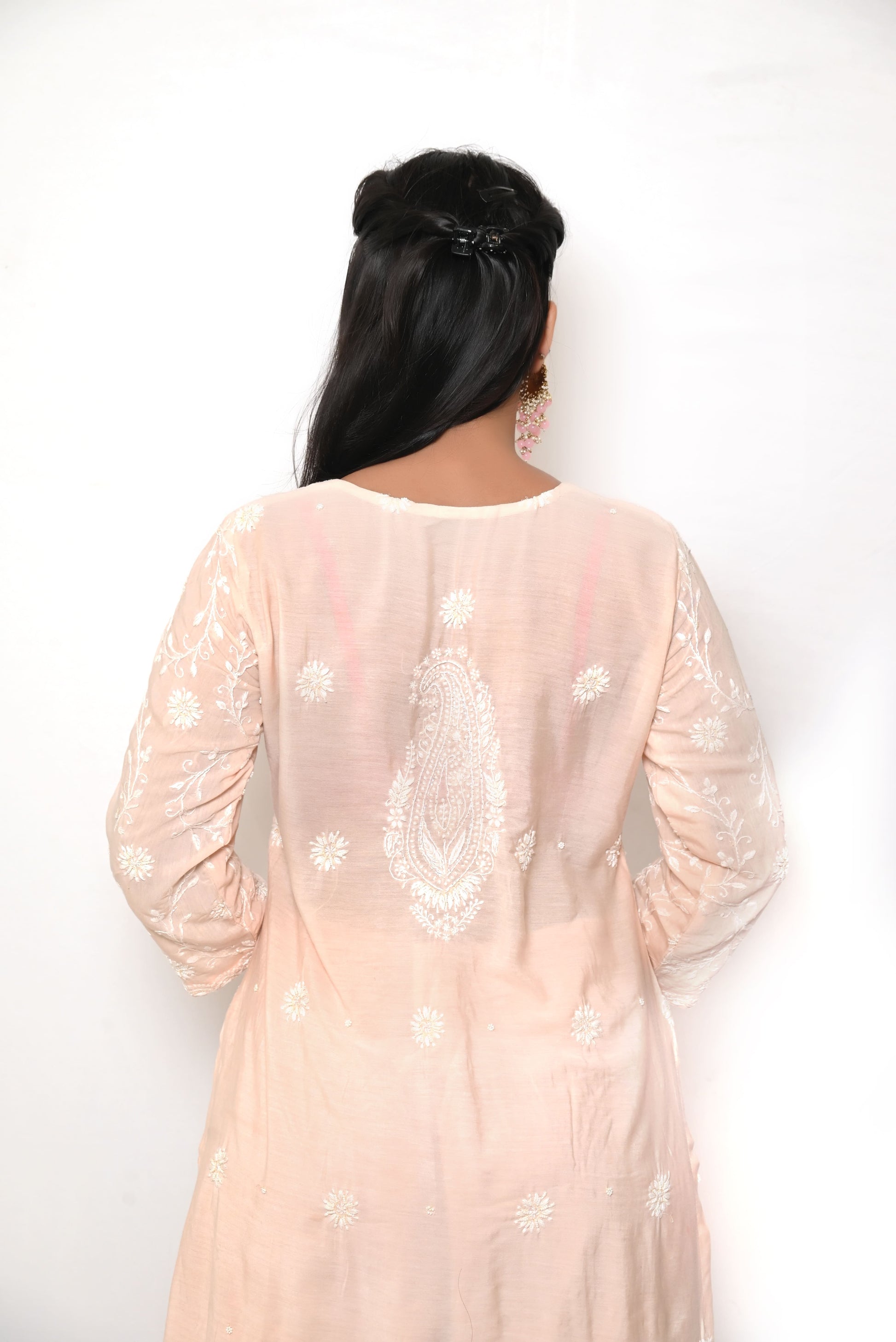 Very Soft Cotton Chikankari And Zardozi Women's Unstitched Kurta Dupatta - Pinkish Peach