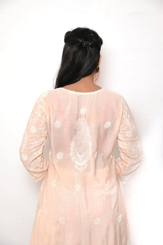 Very Soft Cotton Chikankari And Zardozi Women's Unstitched Kurta Dupatta - Pinkish Peach