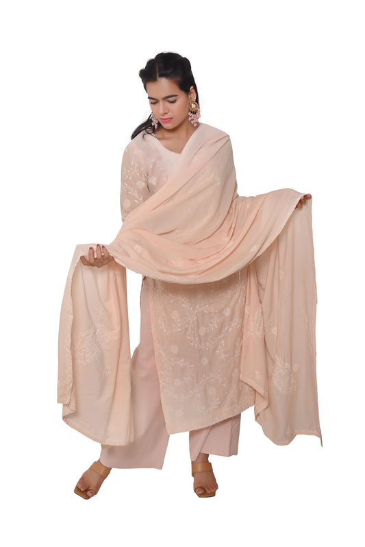 Very Soft Cotton Chikankari And Zardozi Women's Unstitched Kurta Dupatta - Pinkish Peach