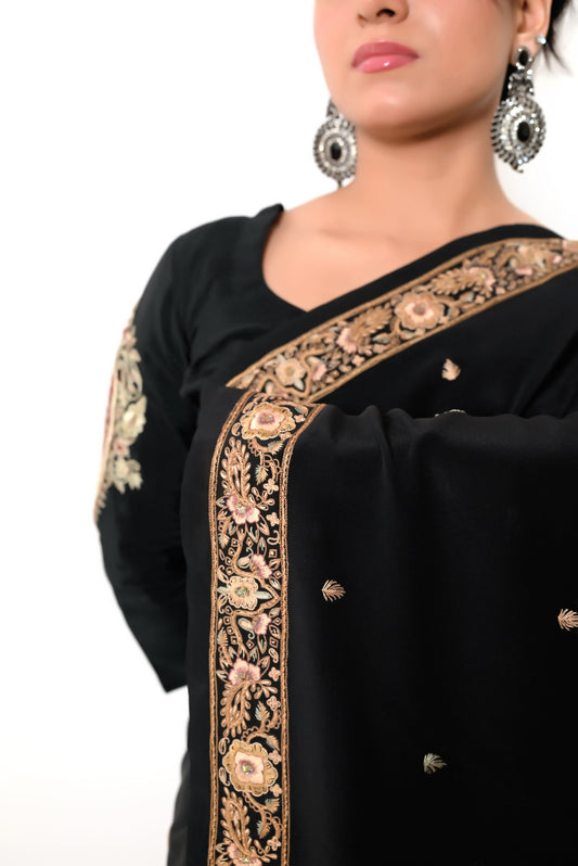 Pure Crepe Heavy Kashmiri Work Saree with Blouse Having same Kashmiri embroidary - Black