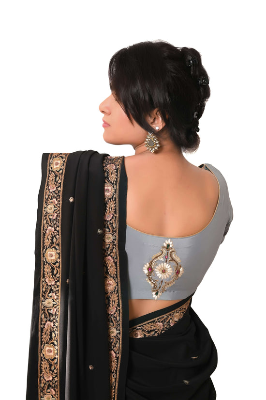 Semi Crepe Resham Zardozi Work Unstitched Blouse - Grey