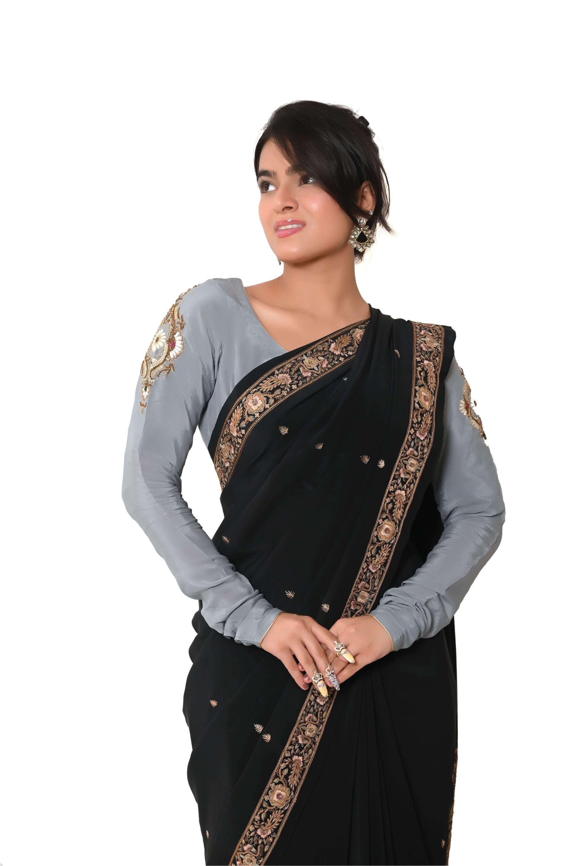 Semi Crepe Resham Zardozi Work Unstitched Blouse - Grey