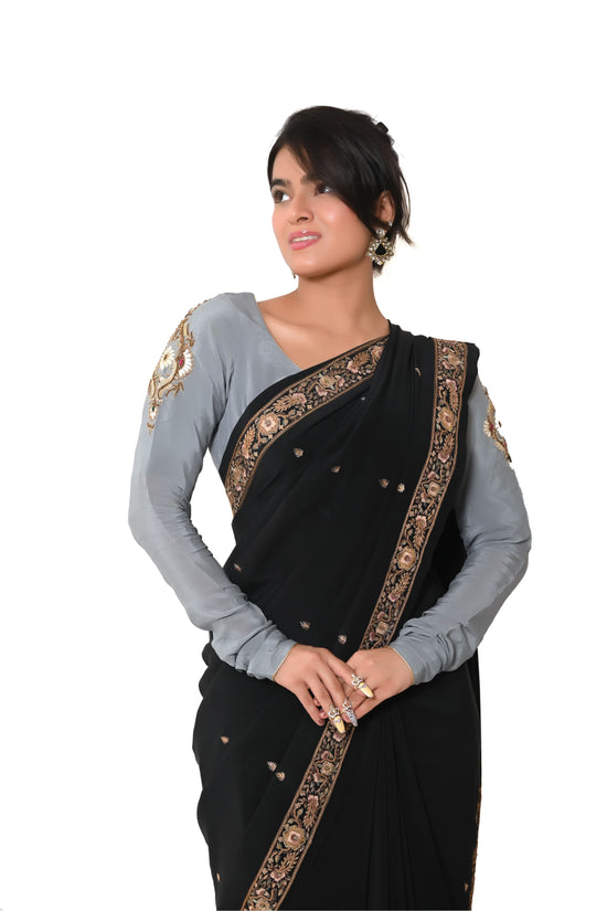 Semi Crepe Resham Zardozi Work Unstitched Blouse - Grey