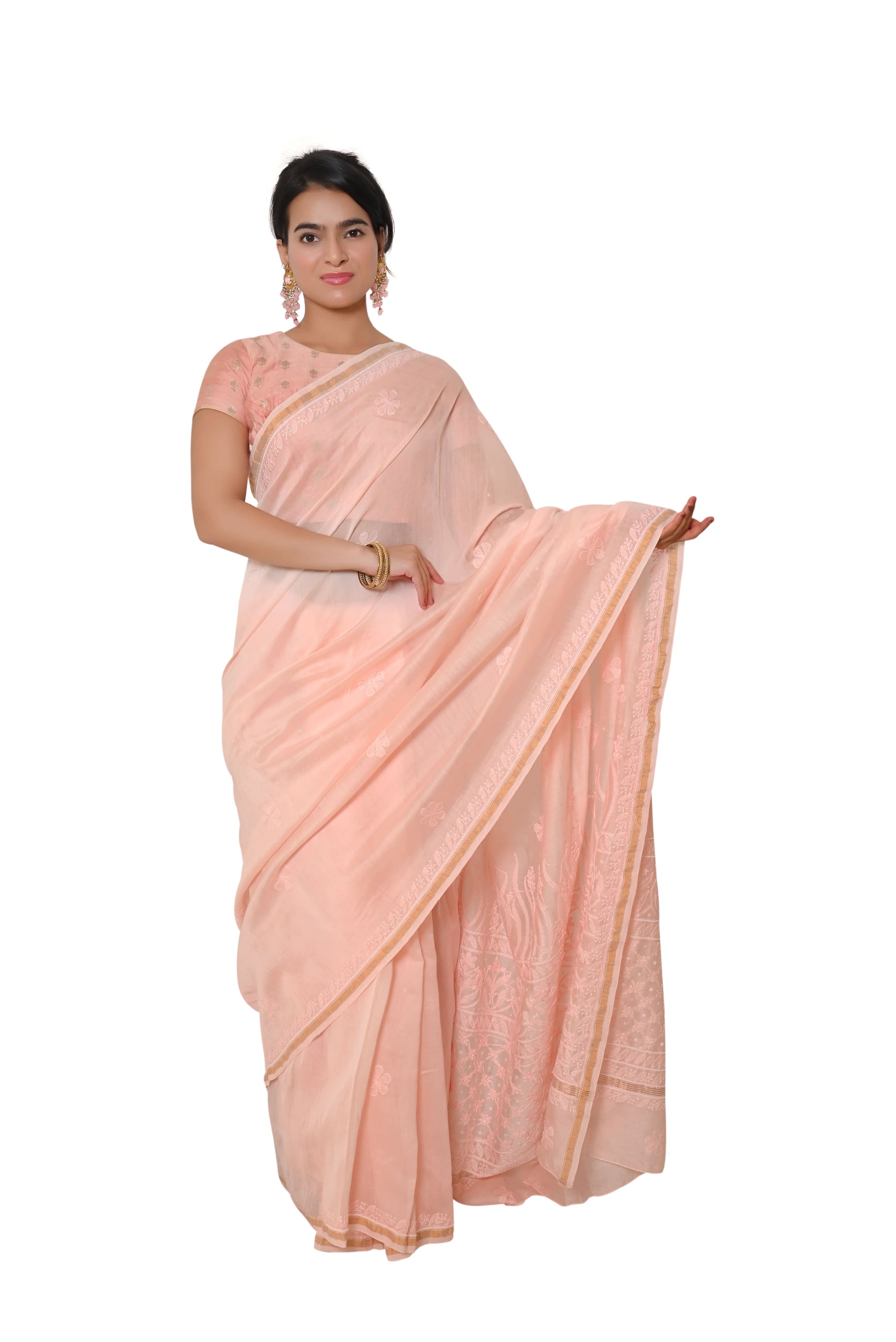 Pure Chanderi Chikankari And Pearl Work Saree - Light Peach