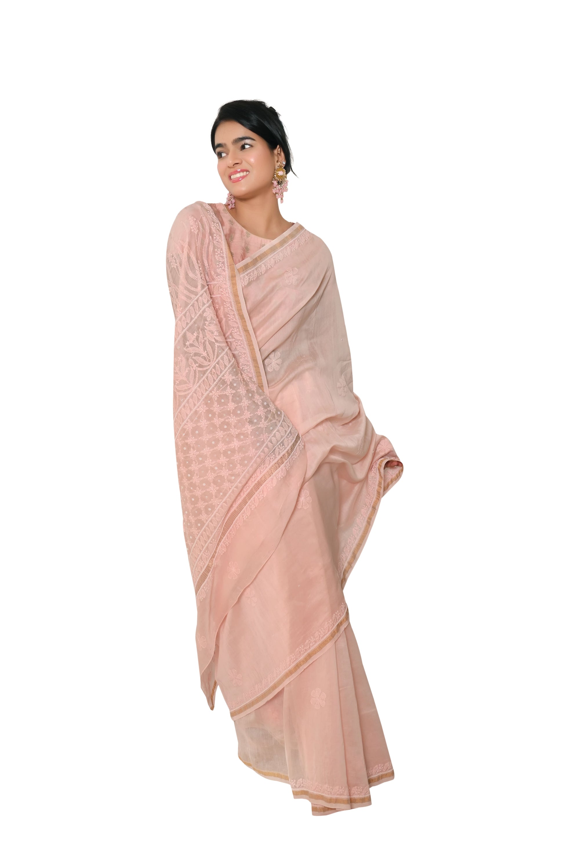 Pure Chanderi Chikankari And Pearl Work Saree - Light Peach