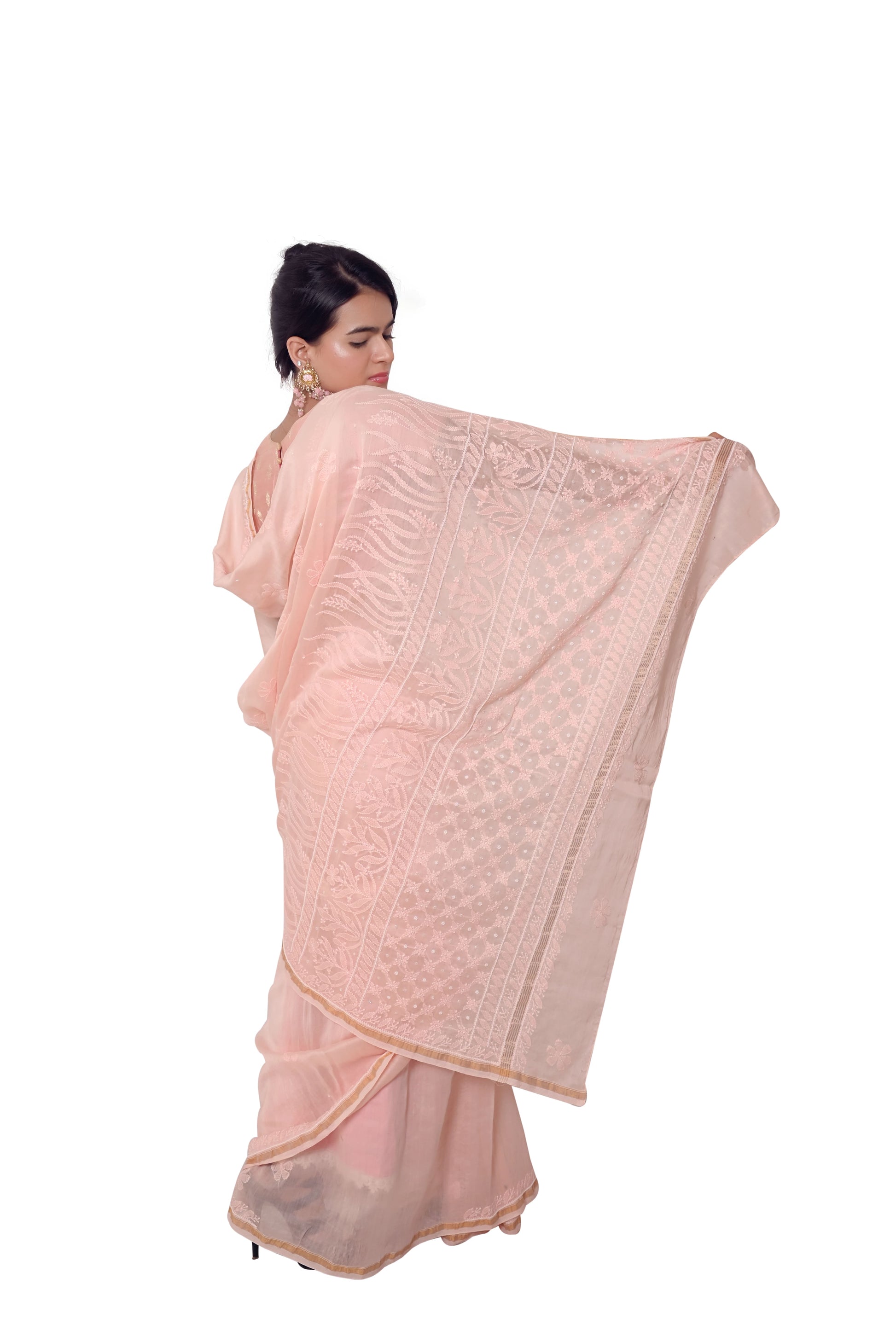 Pure Chanderi Chikankari And Pearl Work Saree - Light Peach