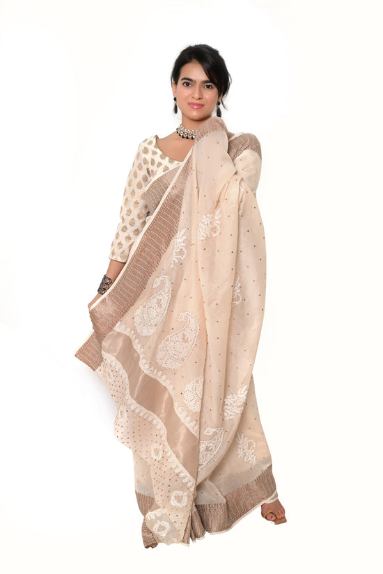 Pure Chanderi Weaved Border Chikankari And Mukesh Work Saree - Light Beige