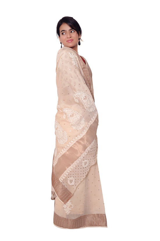 Pure Chanderi Weaved Border Chikankari And Mukesh Work Saree - Light Beige