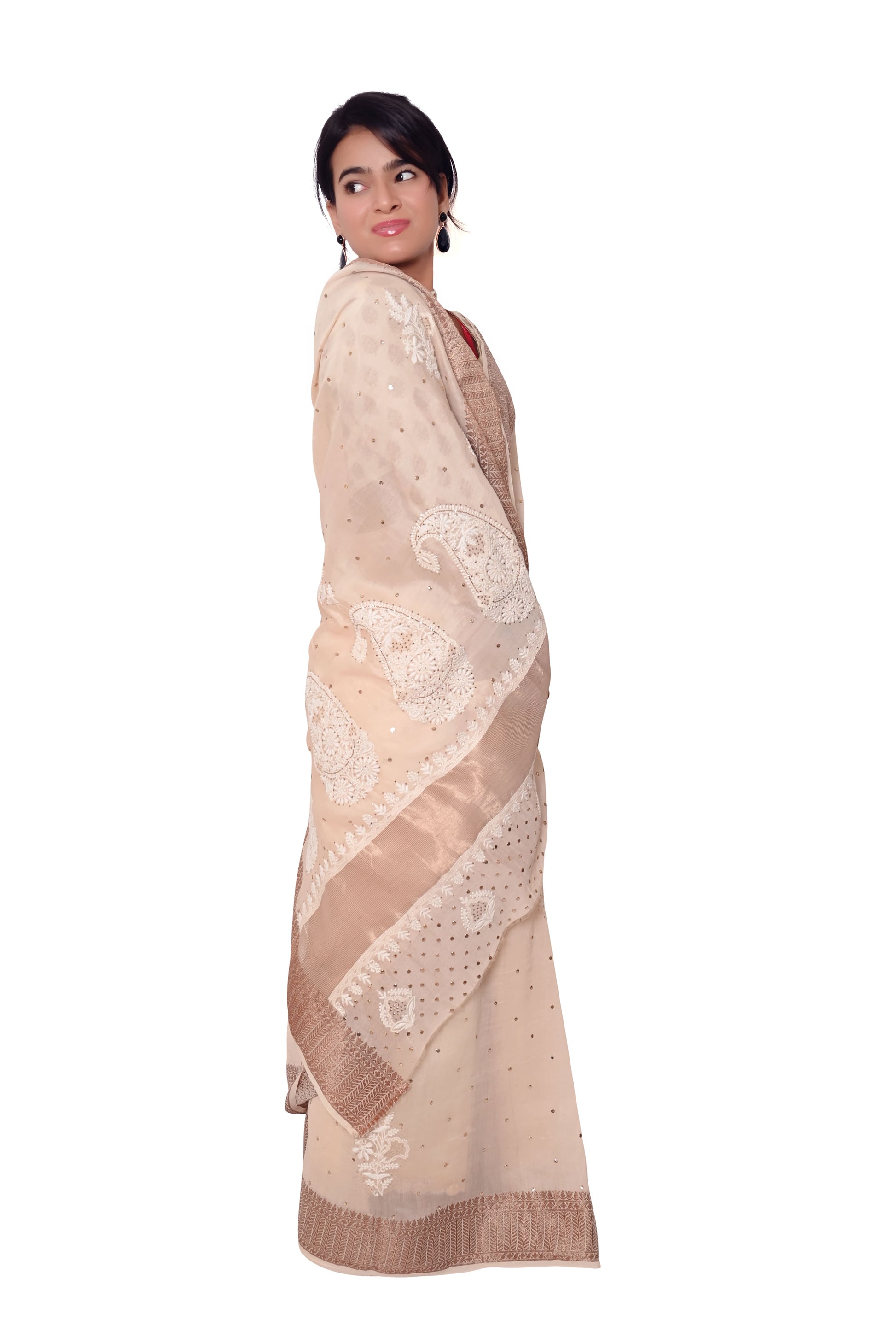 Pure Chanderi Weaved Border Chikankari And Mukesh Work Saree - Light Beige