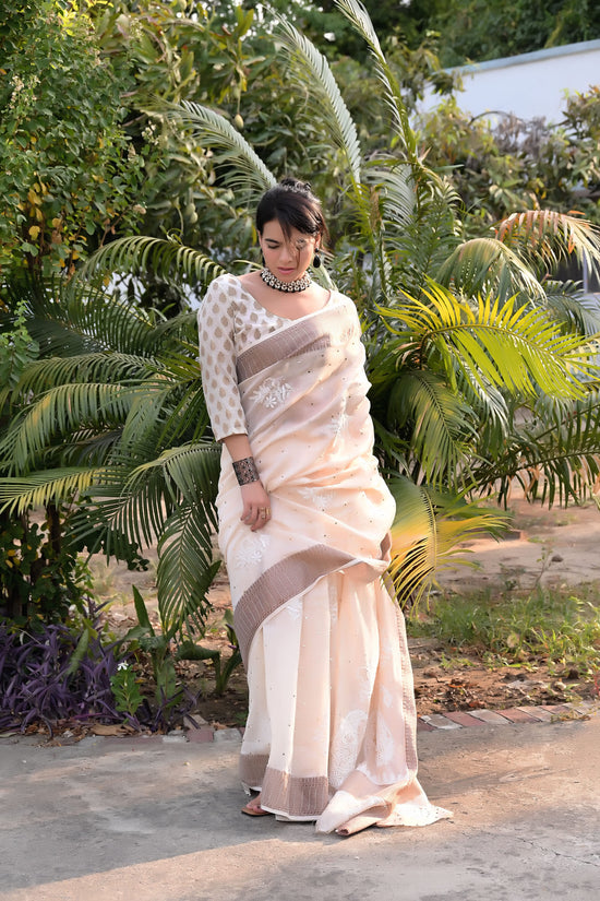 Pure Chanderi Weaved Border Chikankari And Mukesh Work Saree - Light Beige