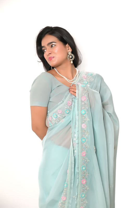 Semi Organza Zardozi Resham And Zari Work Saree - Very Light Bluish Green