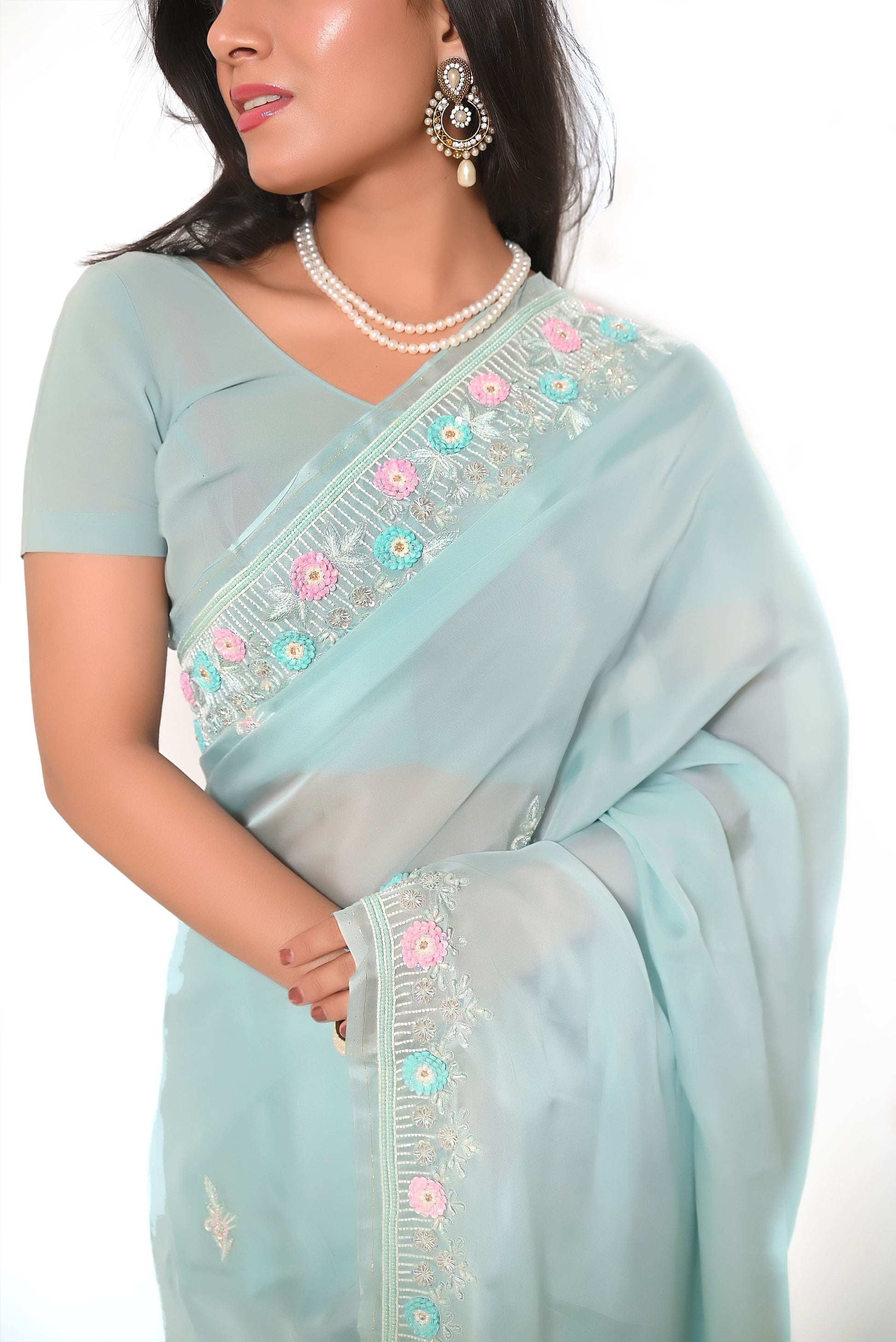 Semi Organza Zardozi Resham And Zari Work Saree - Very Light Bluish Green