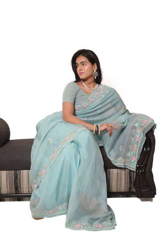 Semi Organza Zardozi Resham And Zari Work Saree - Very Light Bluish Green