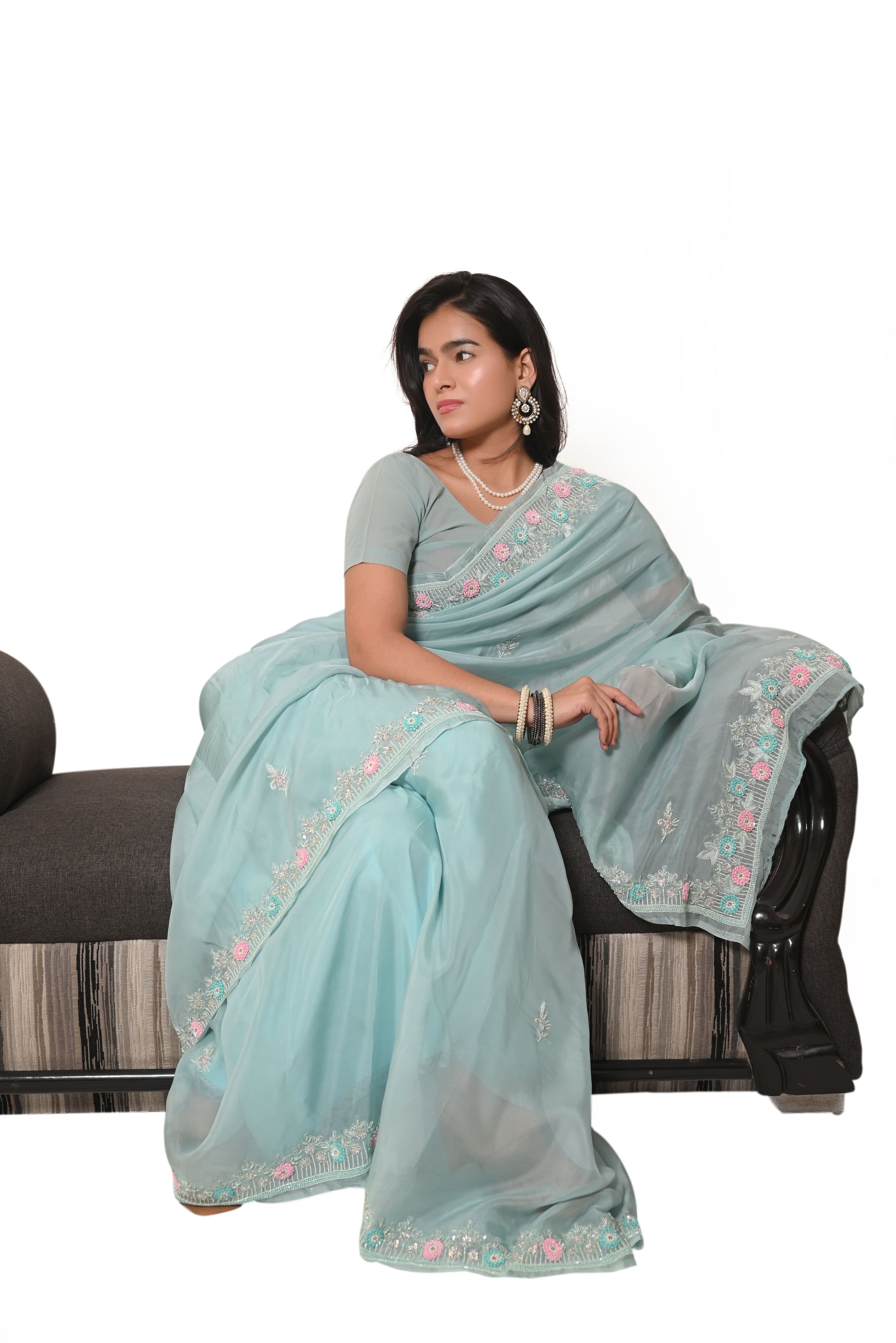 Semi Organza Zardozi Resham And Zari Work Saree - Very Light Bluish Green